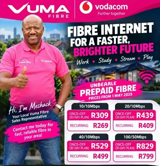 Promotional flyer for Vuma Fibre featuring a local sales representative and prepaid pricing plans