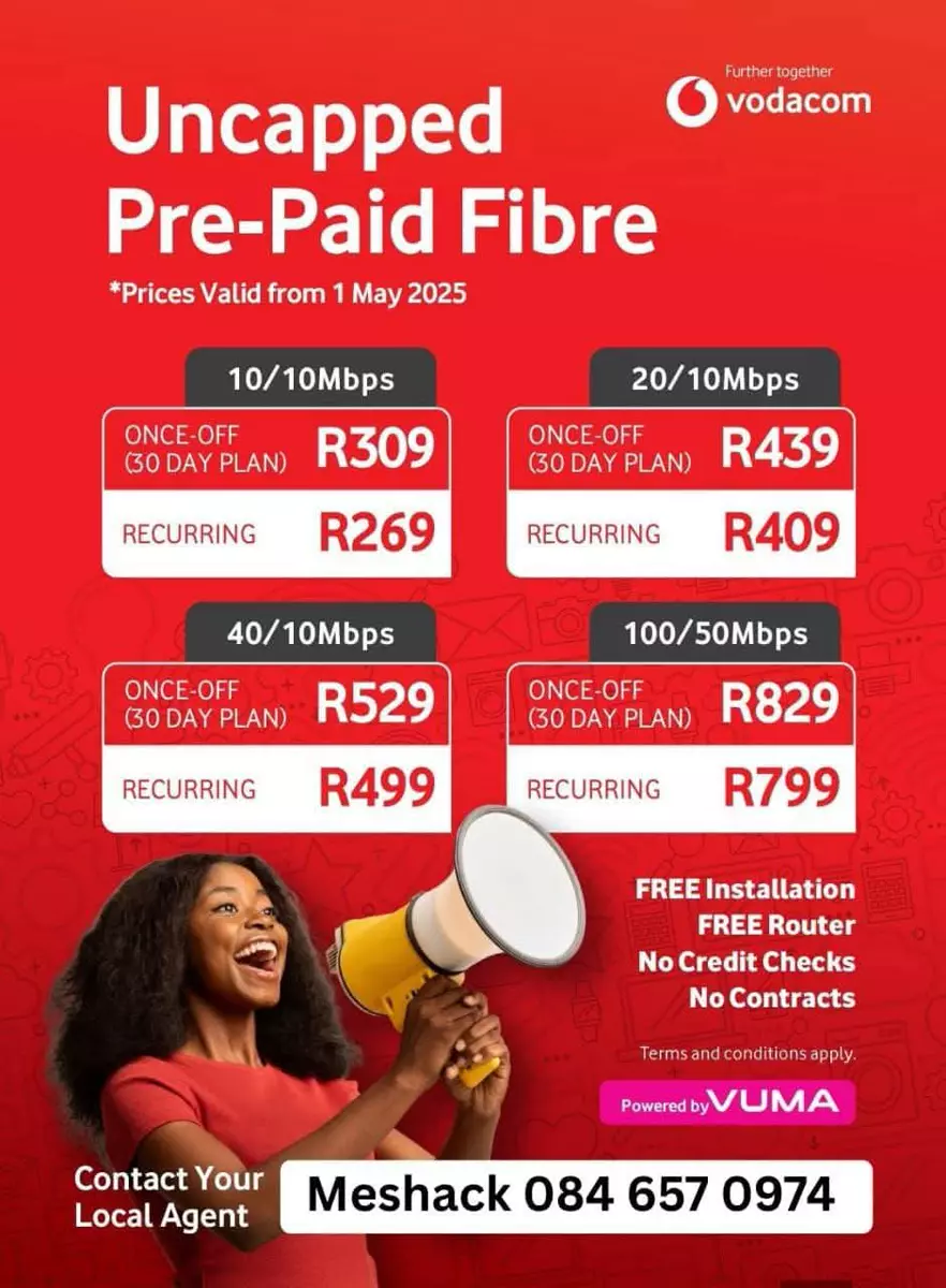 Vuma uncapped pre-paid fibre promotional flyer with package prices